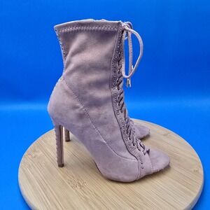 Liliana Studded Lace Up Peep Toe Booties Mauve Pink Stiletto Heel Ankle Boots...